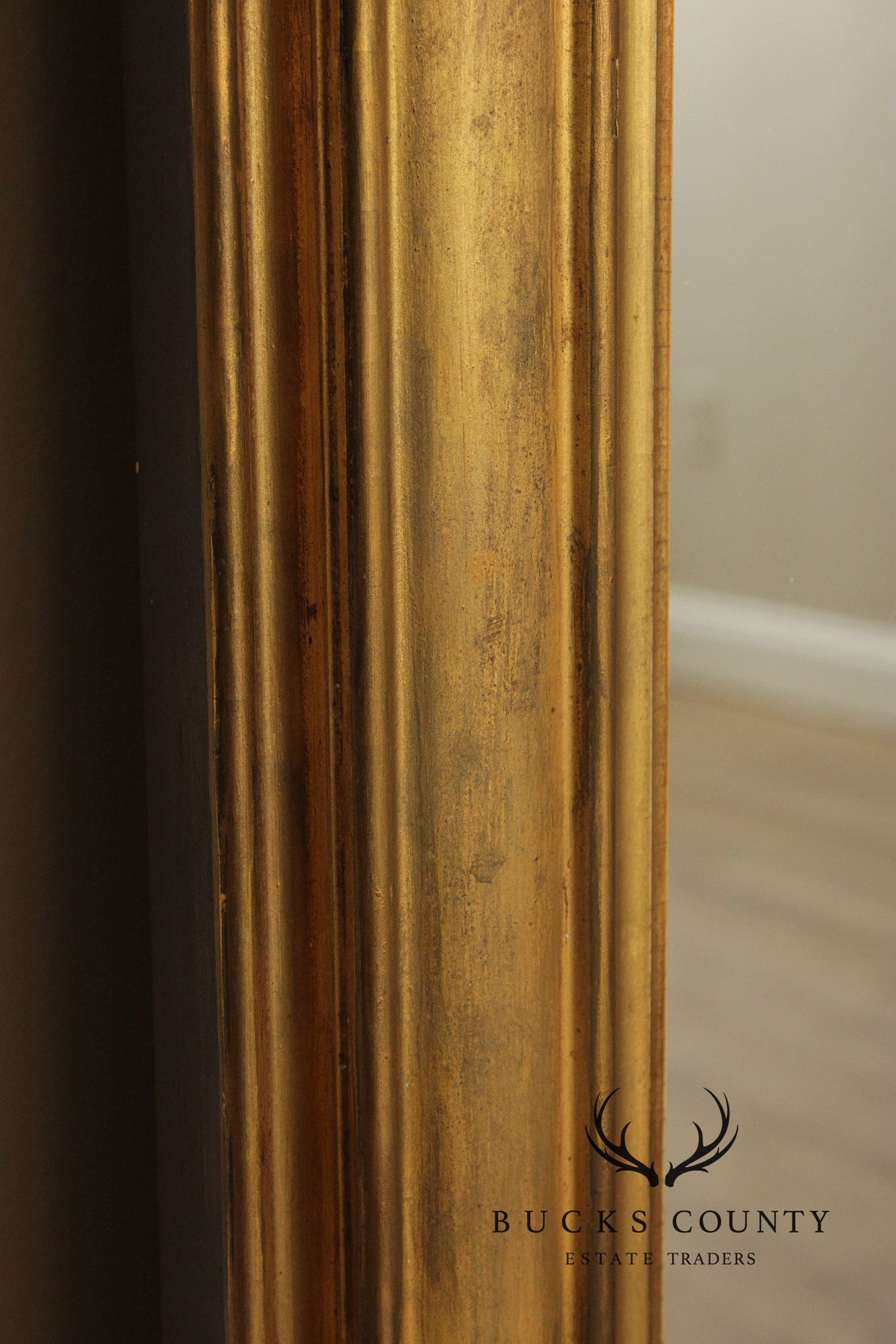 Antique Victorian Giltwood Arched Floor Mirror With Ornate Carved Crest