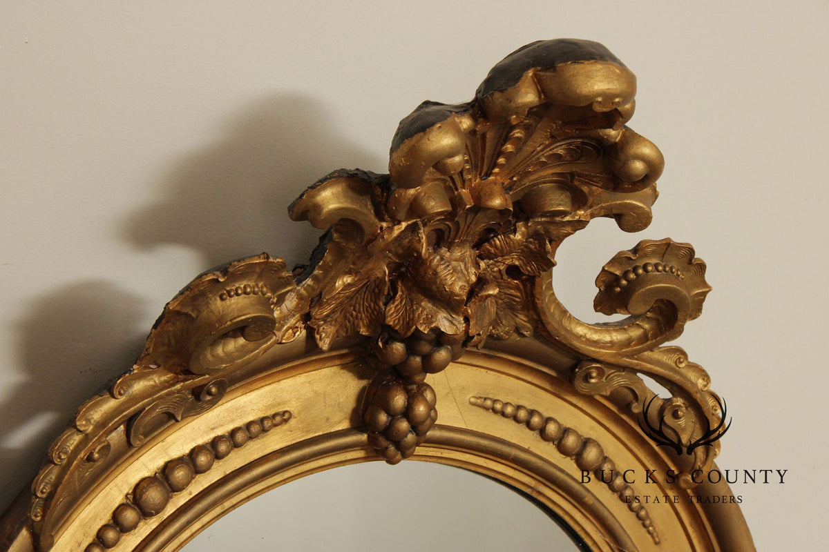 Antique Victorian Giltwood Arched Floor Mirror With Ornate Carved Crest
