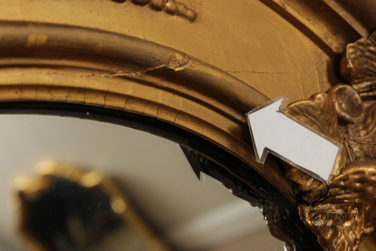 Antique Victorian Giltwood Arched Floor Mirror With Ornate Carved Crest