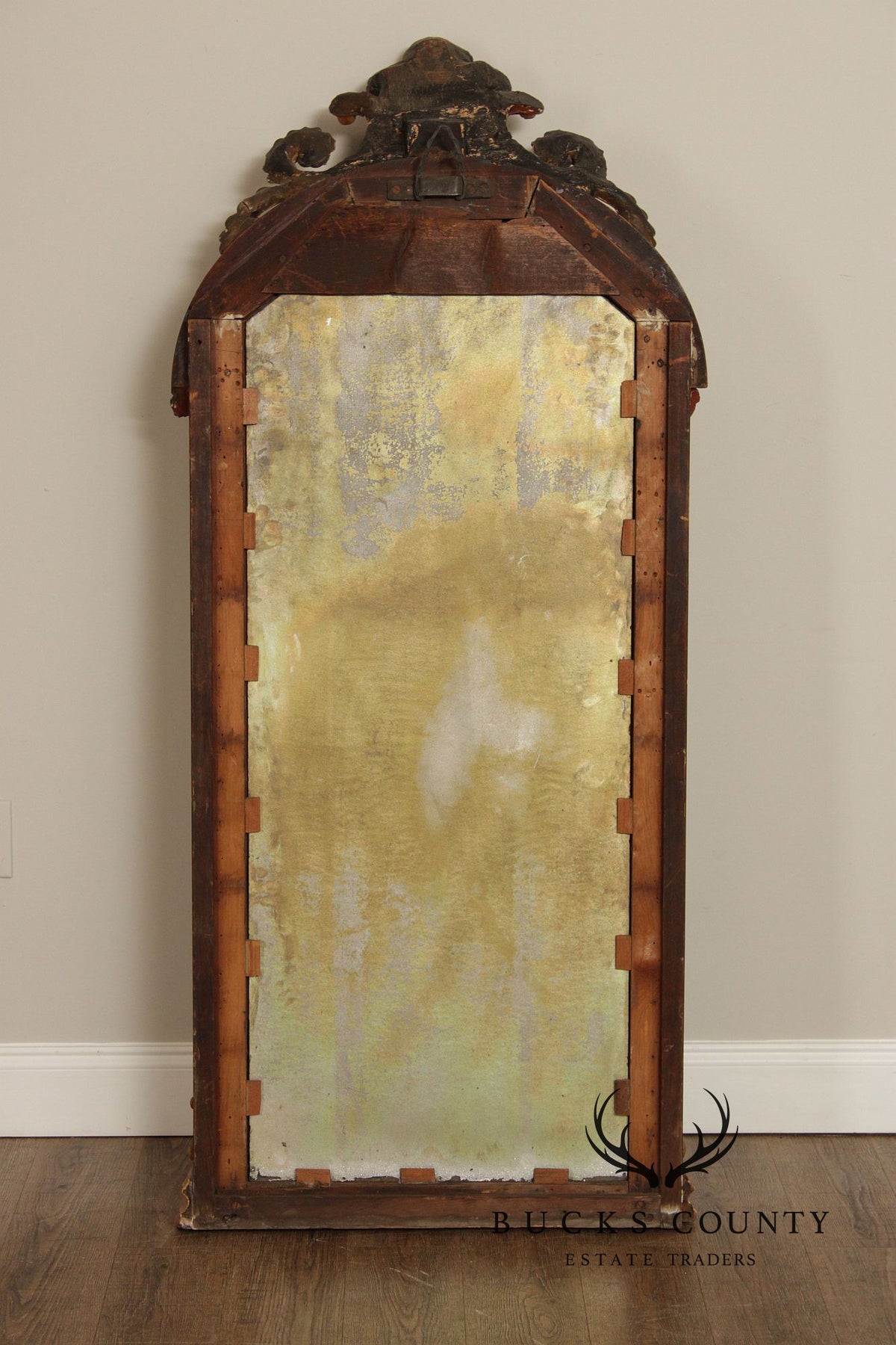 Antique Victorian Giltwood Arched Floor Mirror With Ornate Carved Crest
