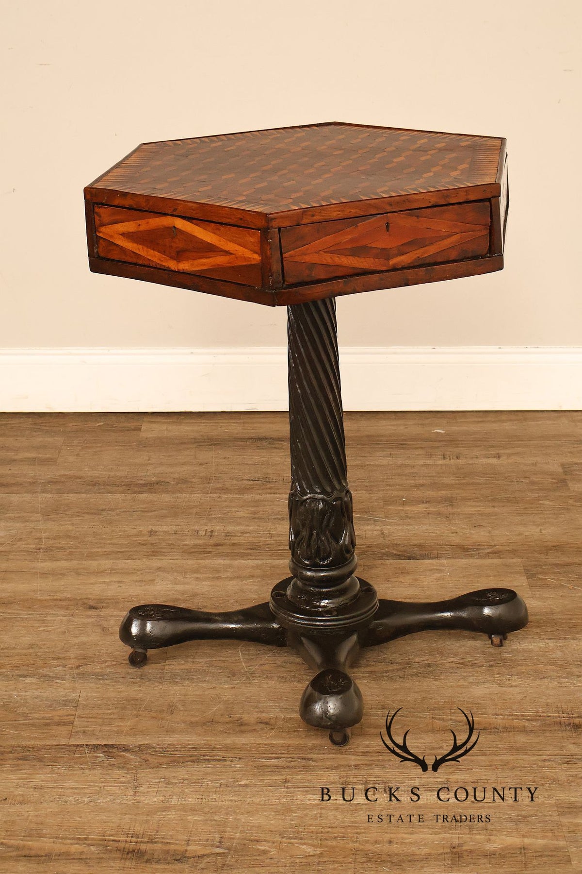 Antique British Colonial Game Table Geometric Wood Inlay
