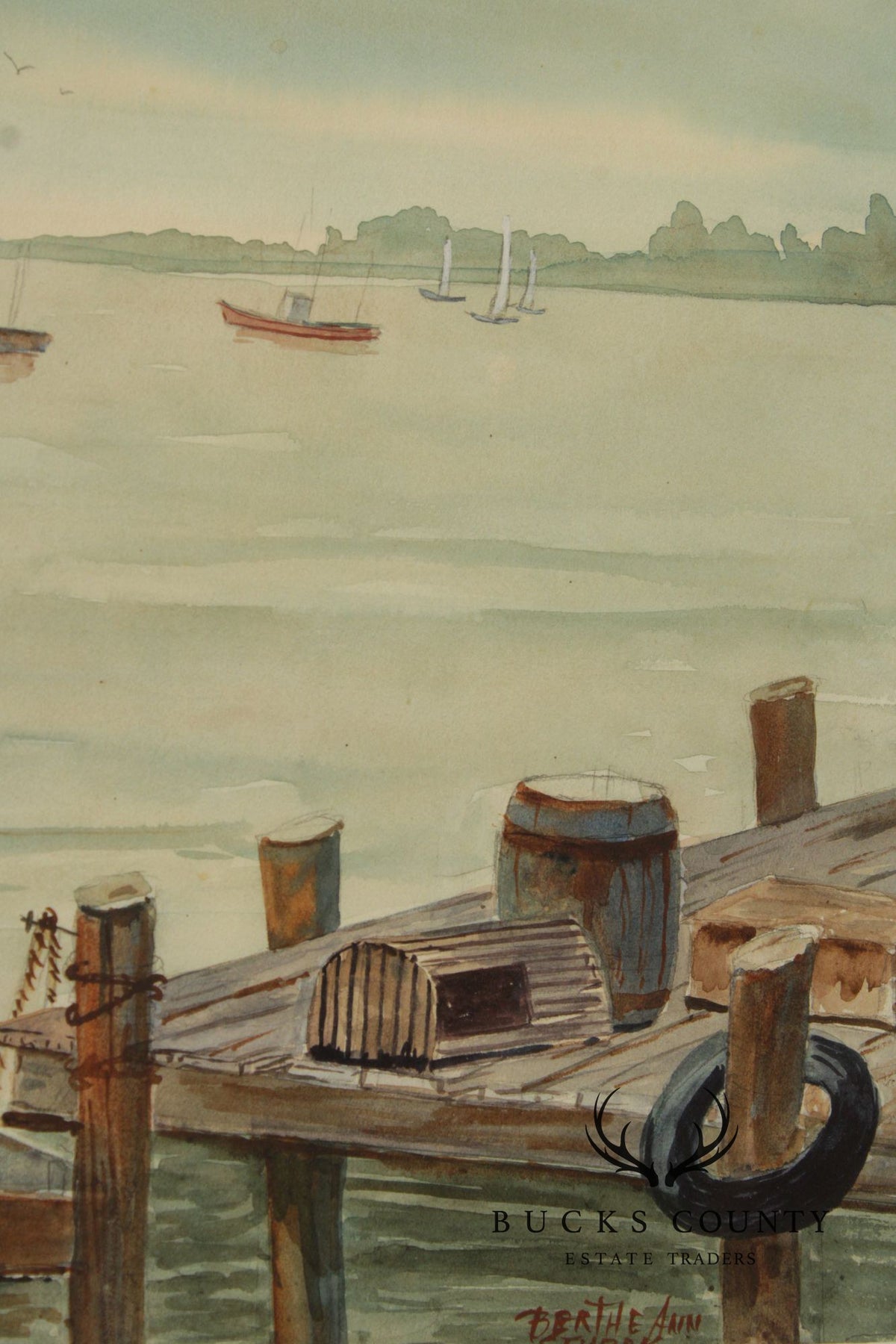 Bertha Ann Stupak Watercolor Painting, Boats in Harbor