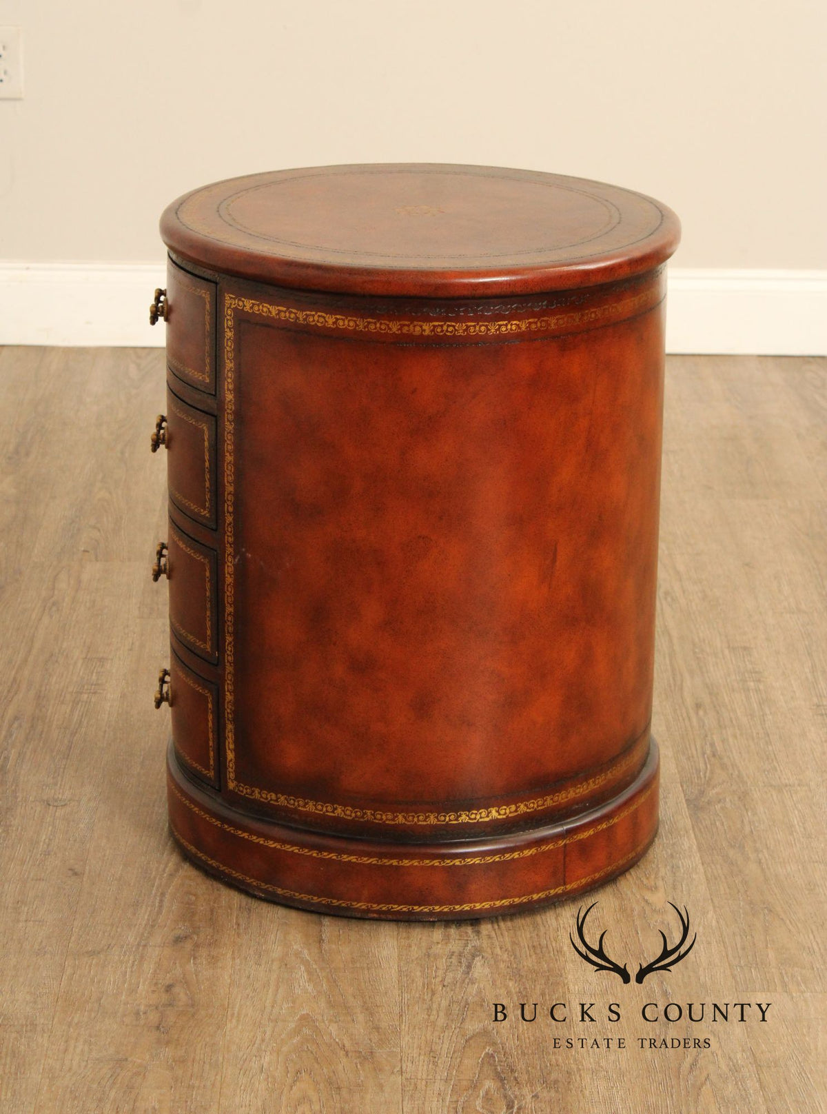 Regency Style Leather Wrapped Drum Table
