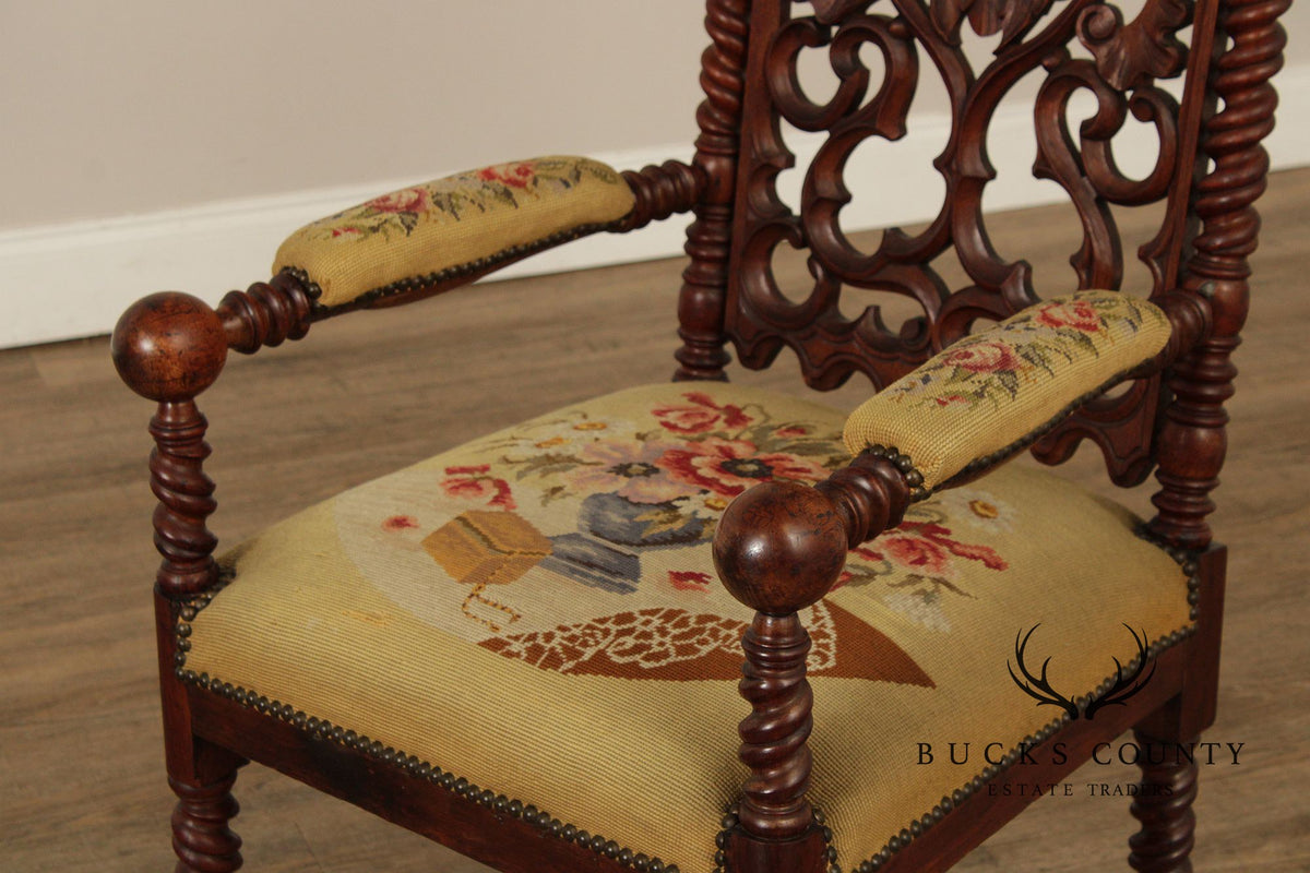 Antique American Gothic Revival Carved Walnut Throne Chair