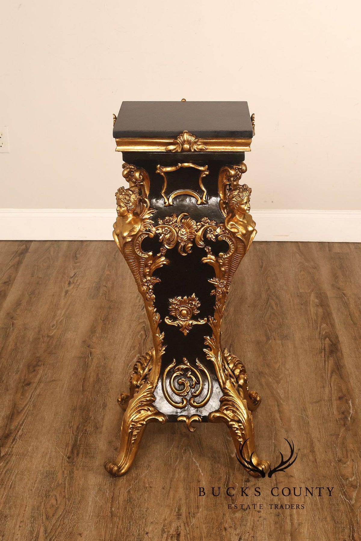 Italian Renaissance Style Pair of Slate Top Figural Carved Pedestals