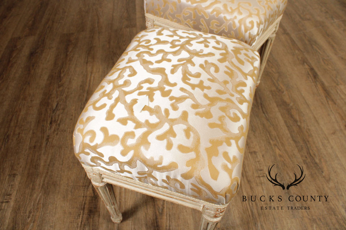 French Louis XVI Style Vintage Pair Painted Stools With Upholstered Seats