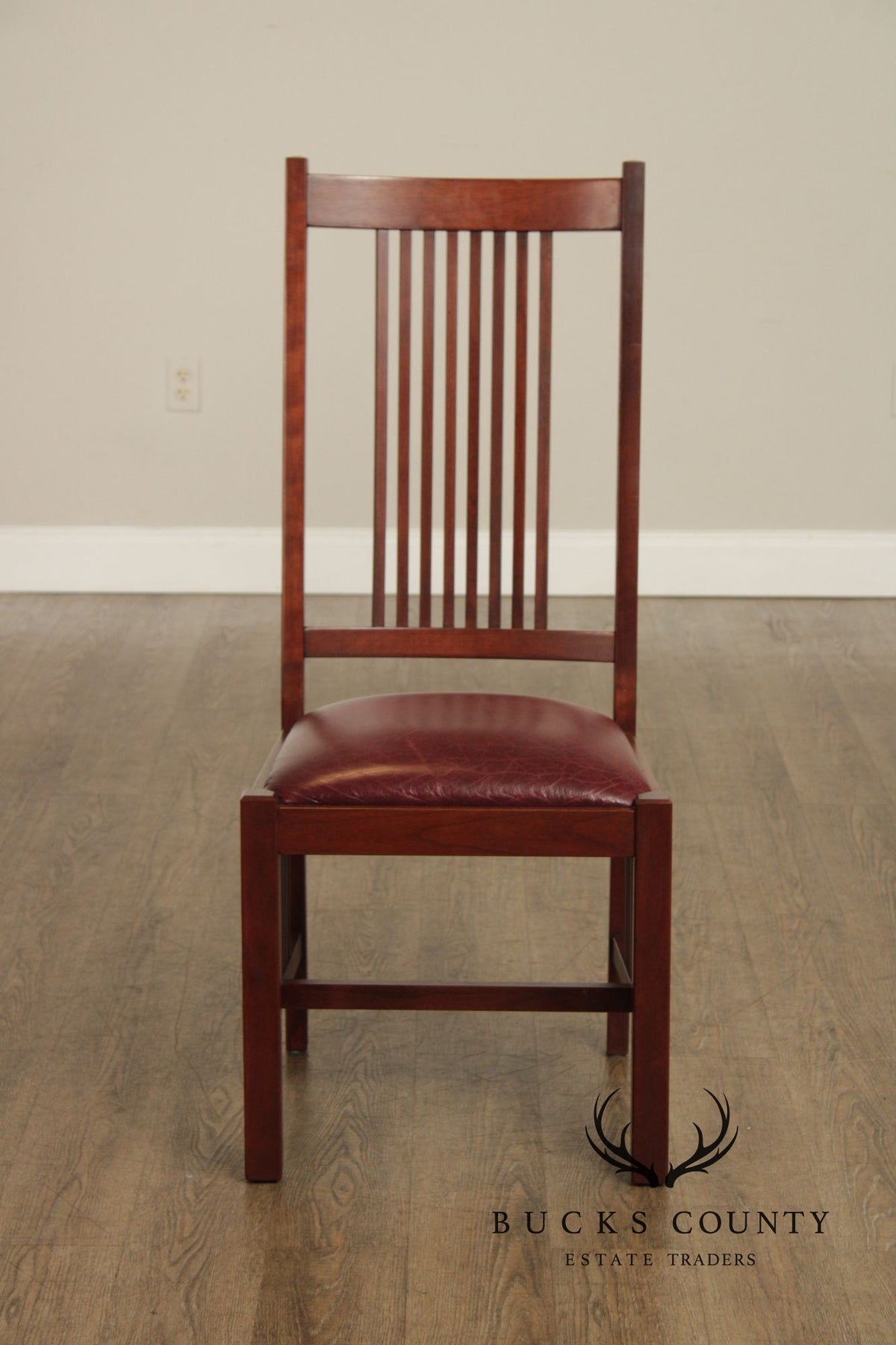 Zimmerman Mission Style Custom Set Of Four Cherry And Leather Spindle Dining Chairs