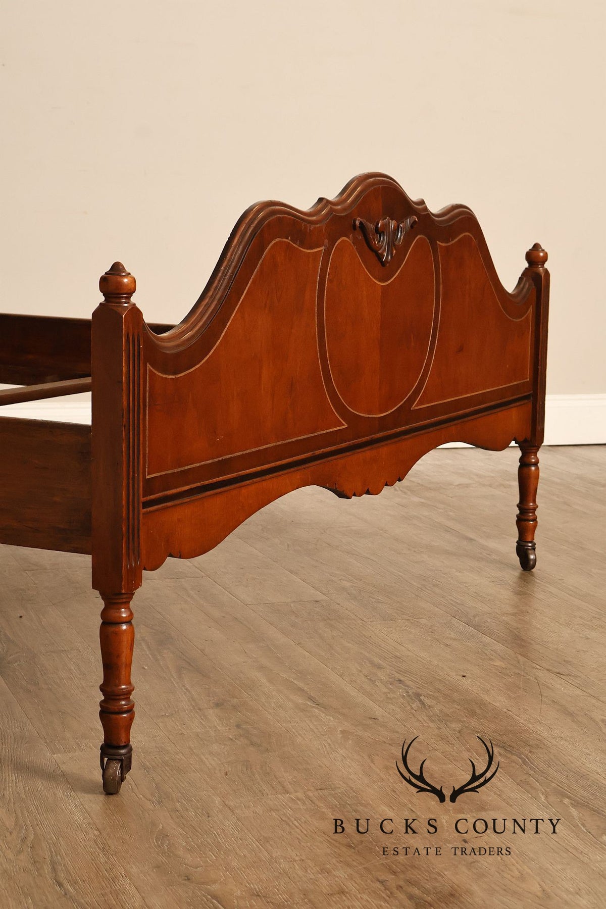 Antique Victorian Walnut Full Size Bedframe With Carved Floral Accents And Decorative Inlay