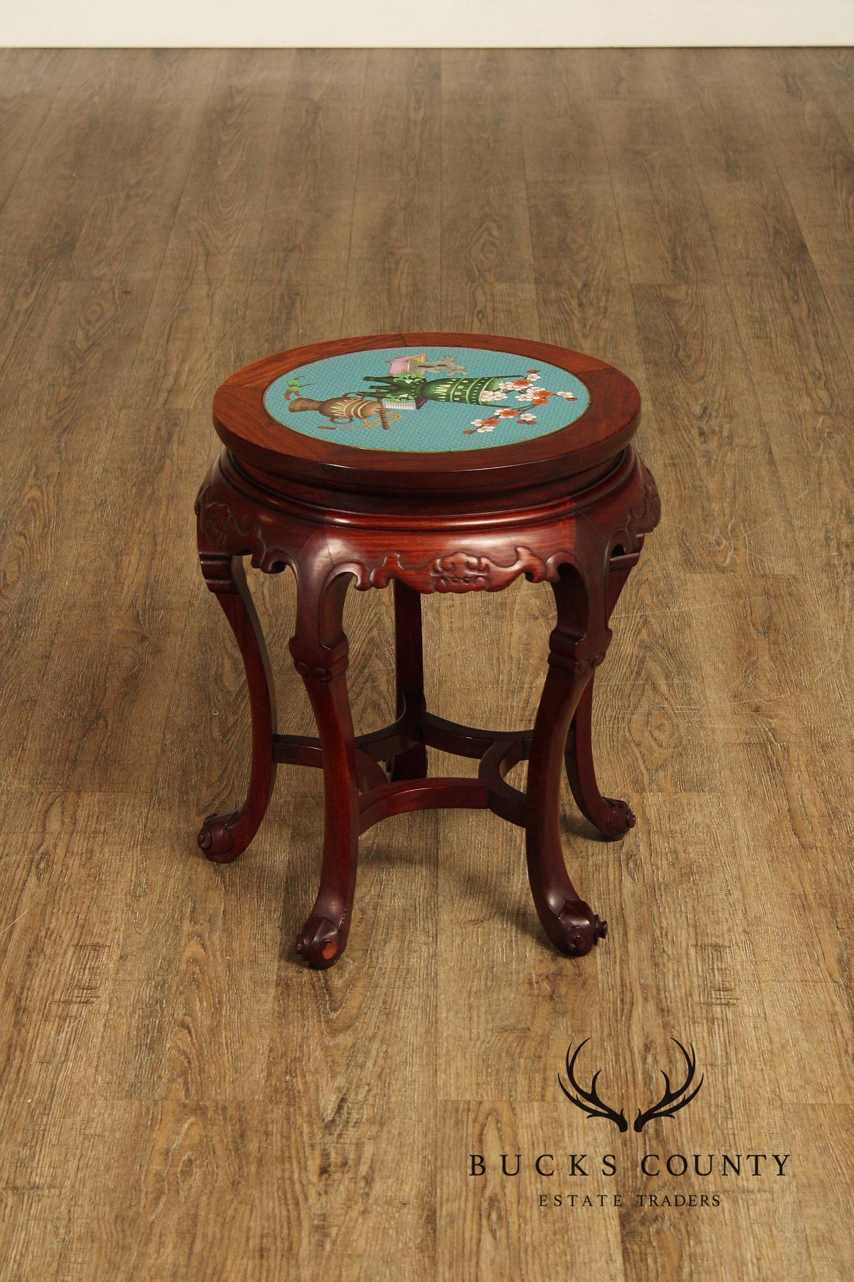 Pair of Chinese Style Cloisonné Inset Top Hardwood Accent Tables