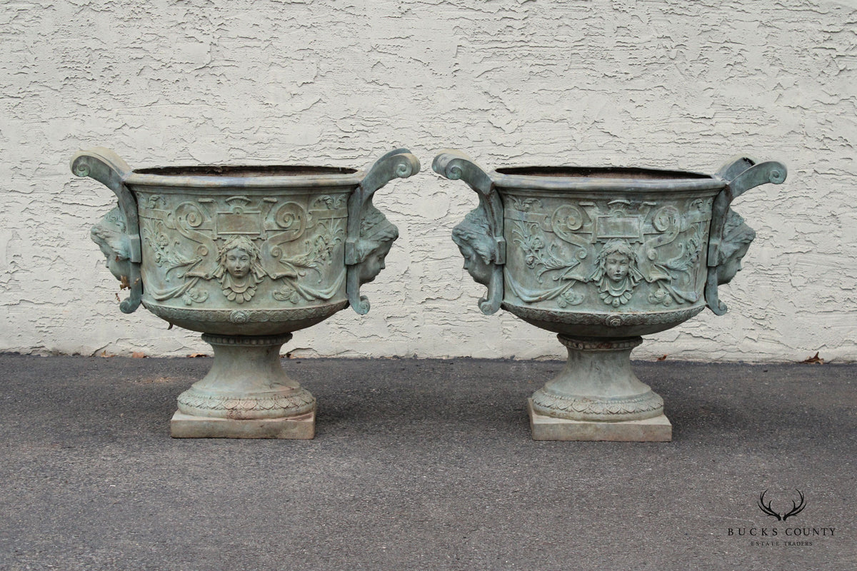 Antique Pair of Lead Alloy Outdoor Garden Urns
