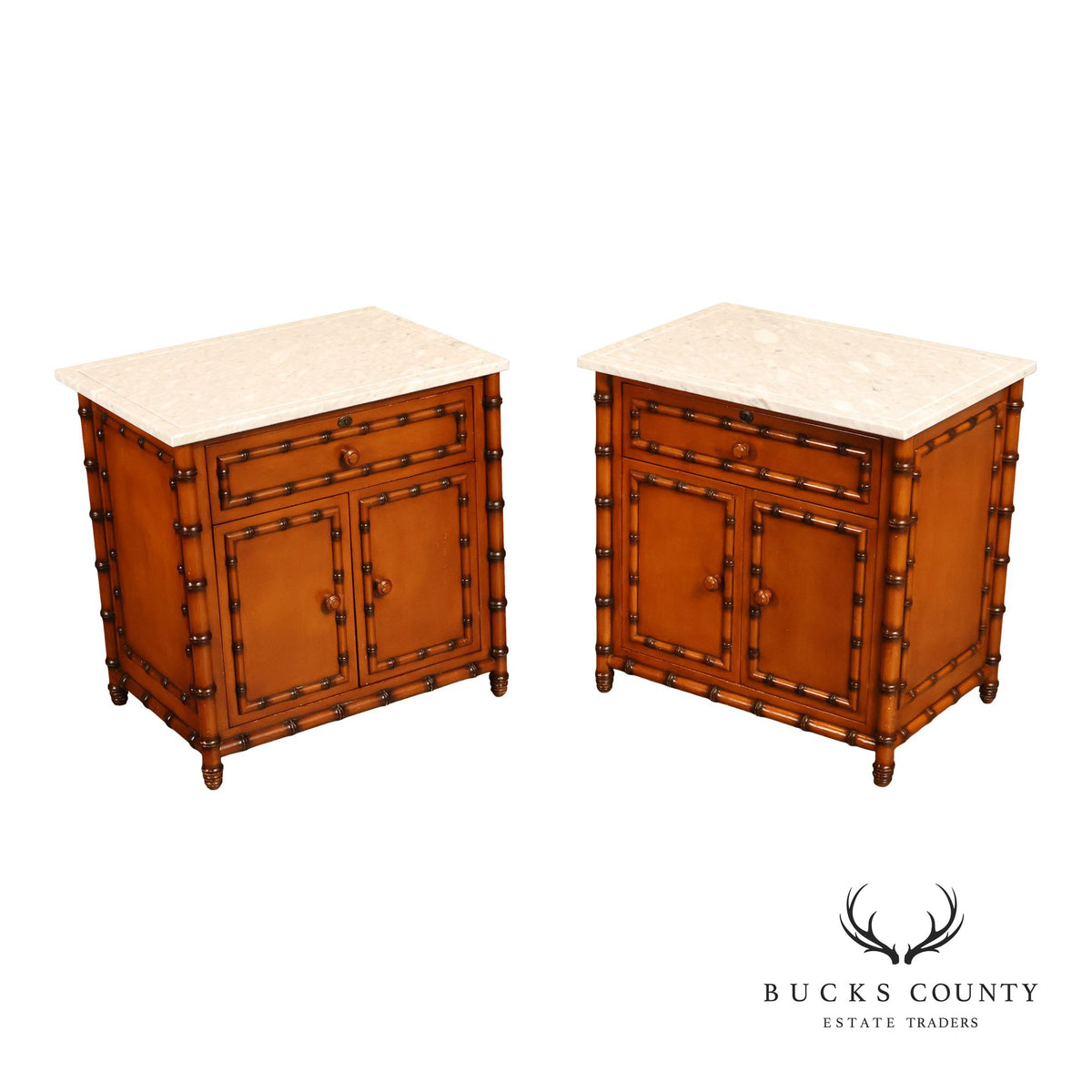 Williams Sonoma Pair of Marble Top Faux Bamboo Nightstands