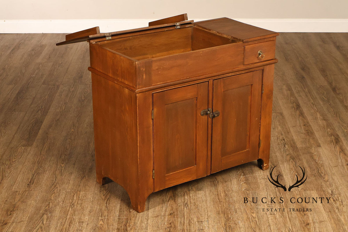 Antique Primitive Wood Dry Sink With Lift Top And Paneled Cabinet