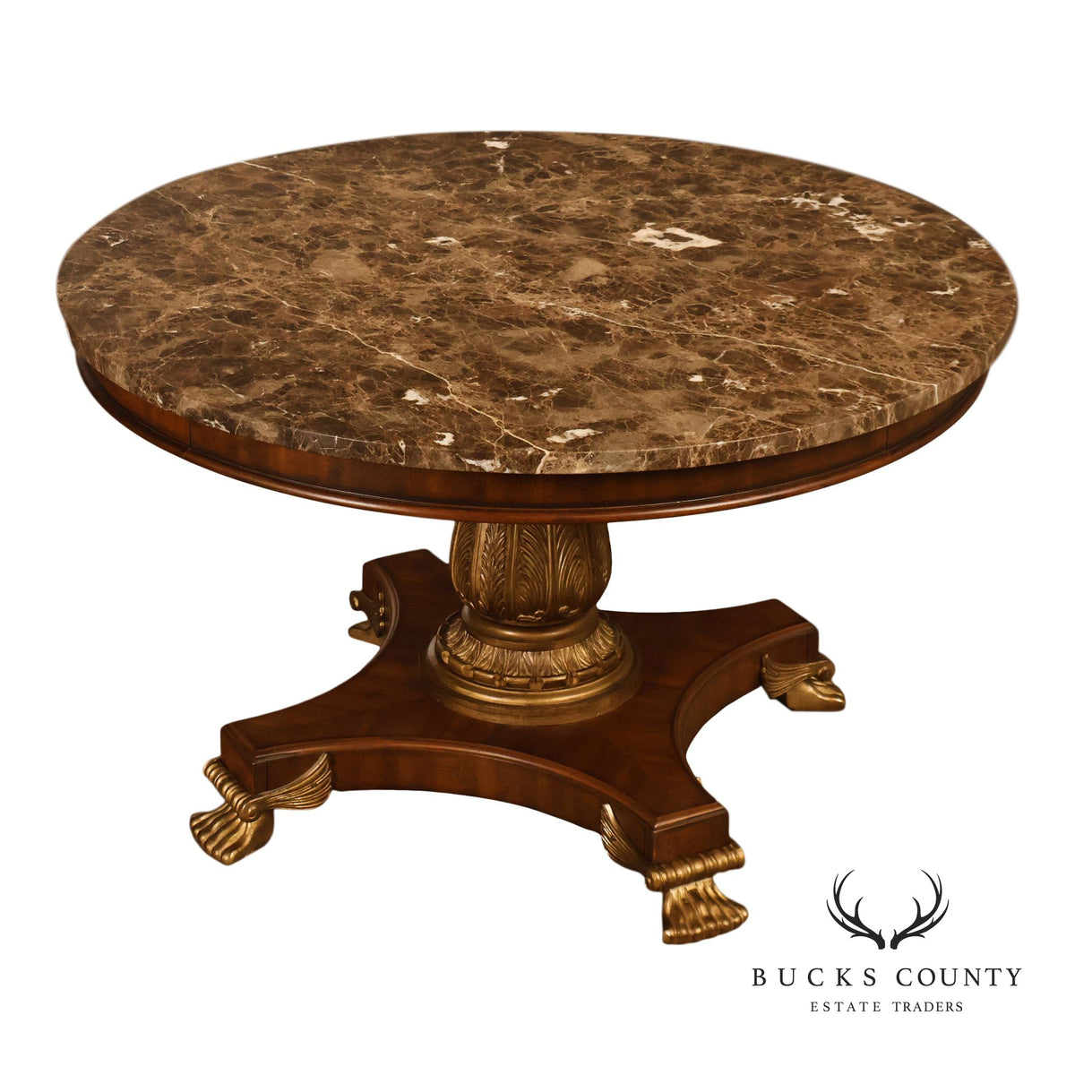 Drexel Neoclassical Revival Round Marble Top Pedestal Dining or Center Table With Claw Feet