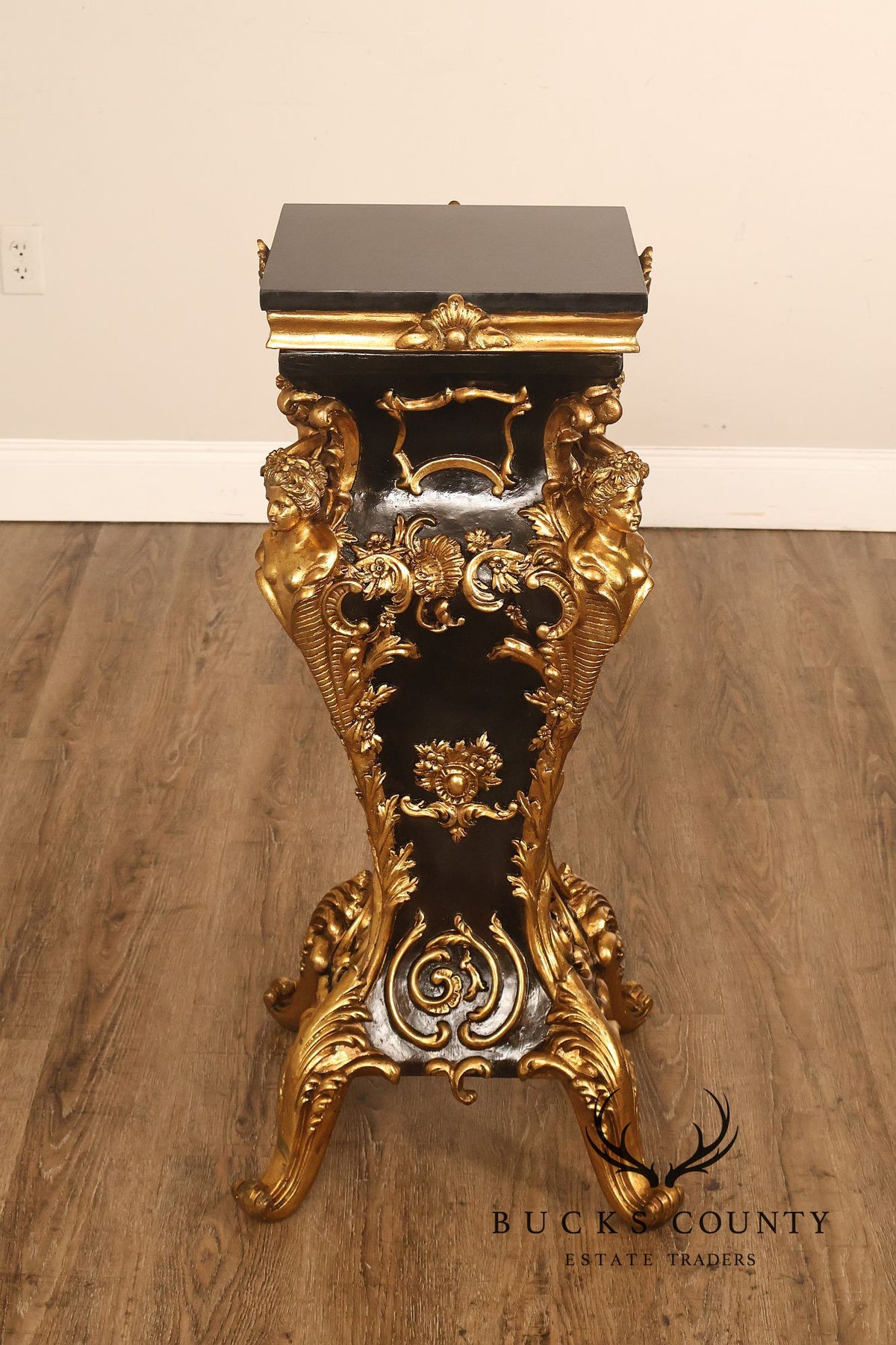 Italian Renaissance Style Pair of Slate Top Figural Carved Pedestals