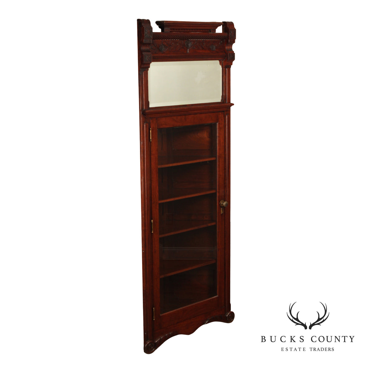Antique Victorian Carved Walnut Corner Cabinet With Mirrored Transom