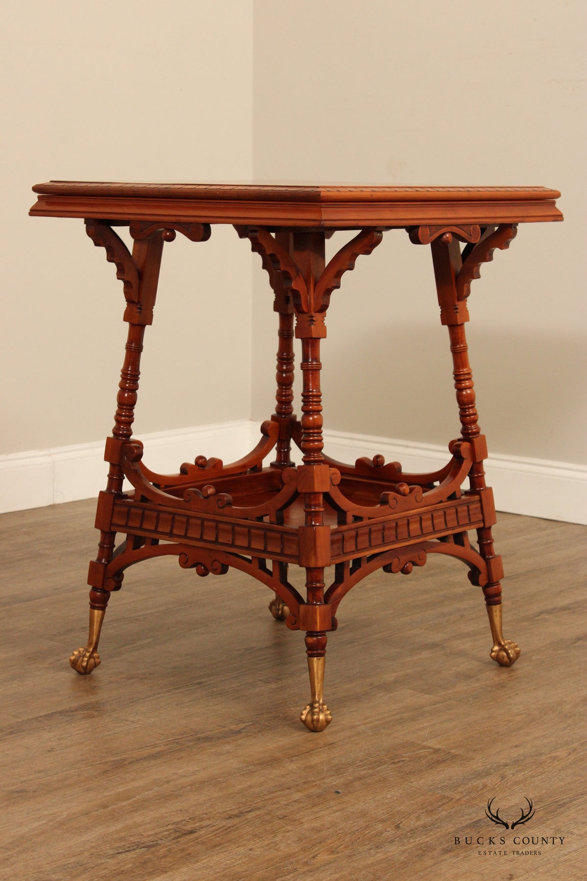 Antique Victorian Carved Cherry Two-Tier Lamp Table