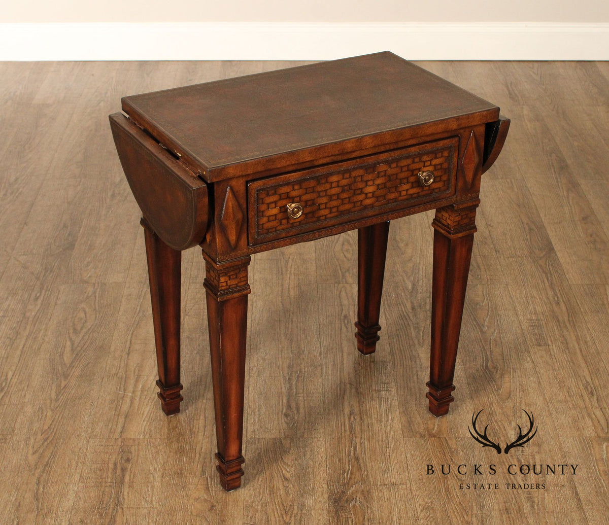 Neoclassical Style Leather Wrapped Drop-Leaf Side Table