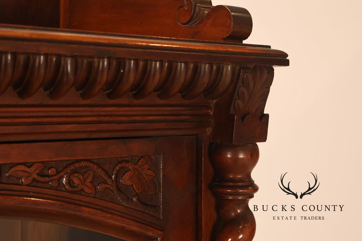 Antique Victorian Carved Walnut and Glass Bookcase