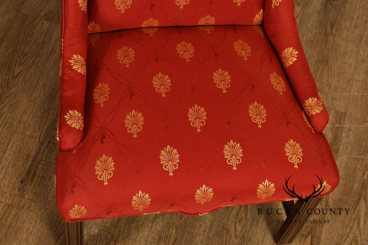 Pair Of Red And Gold Upholstered Wingback Accent Chairs With H-Stretcher Bases