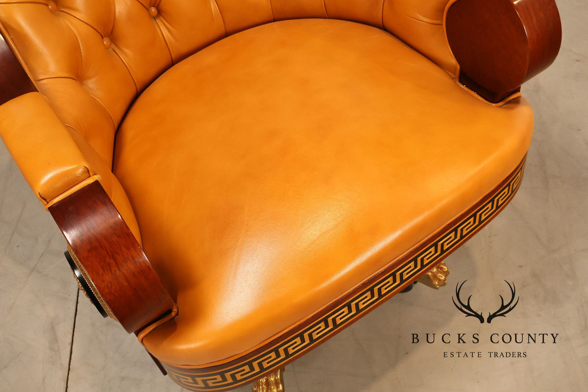 Mariner Leather Swivel Office Chair With Tufted Back And Carved Mahogany Base