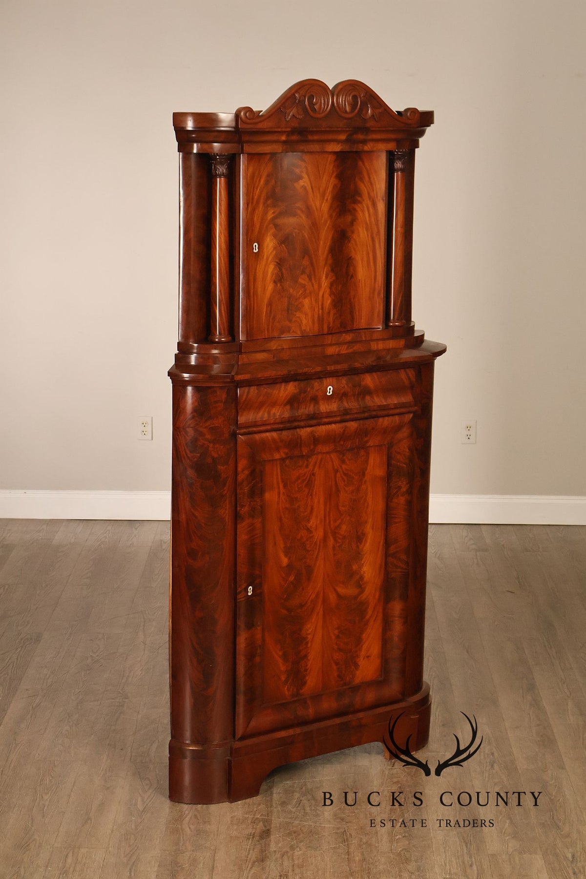 Antique Mahogany Biedermeier Two Piece Corner Cabinet