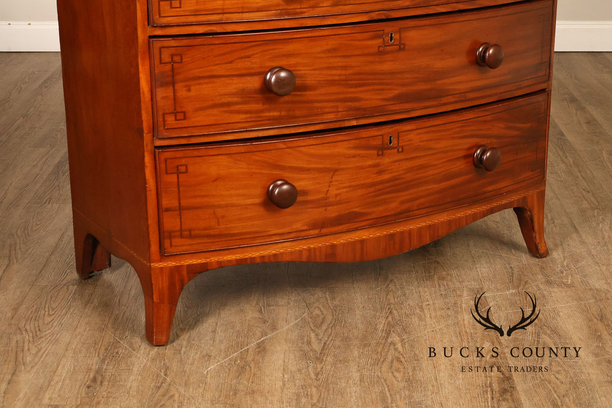Antique English Sheraton Style Inlaid Bow Front Chest Of Drawers