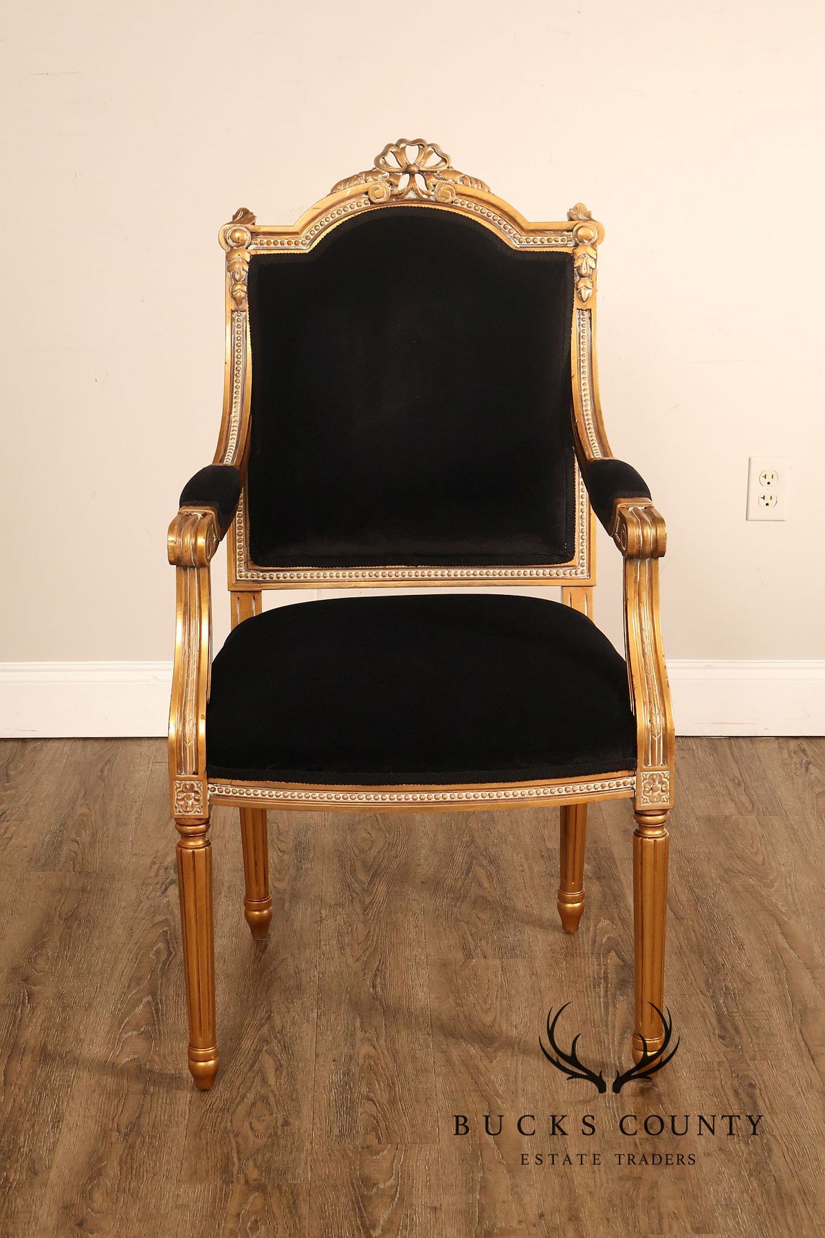 Louis XVI Style Giltwood Armchair With Black Upholstery