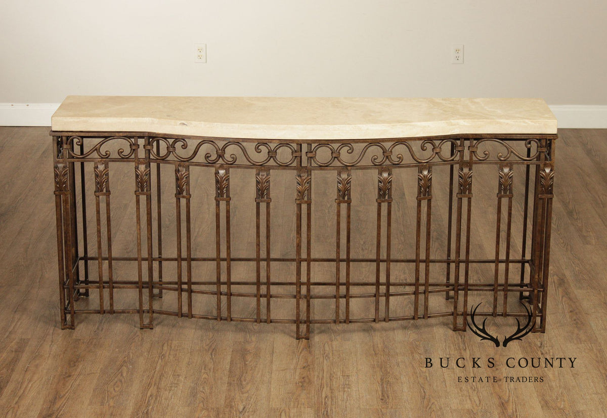 Wrought Iron Travertine Top Long Console Table