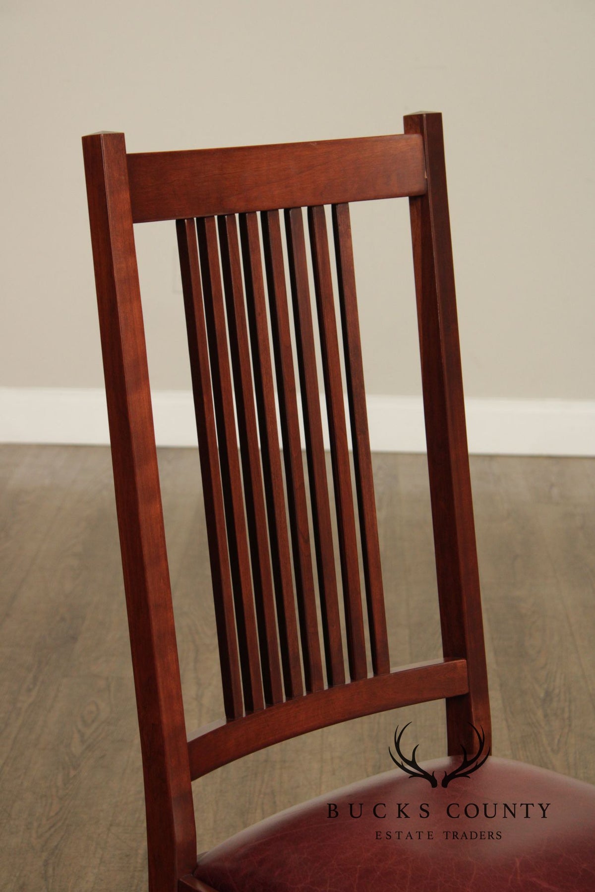 Zimmerman Mission Style Custom Set Of Four Cherry And Leather Spindle Dining Chairs