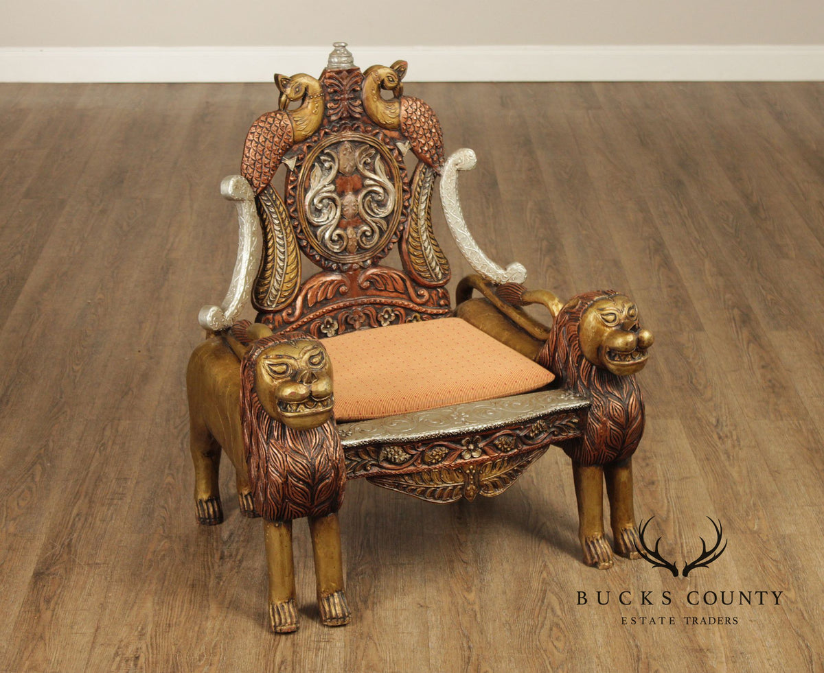 Hand Carved Painted And Gilt Lion And Peacock Motif Pair Of Throne Chairs