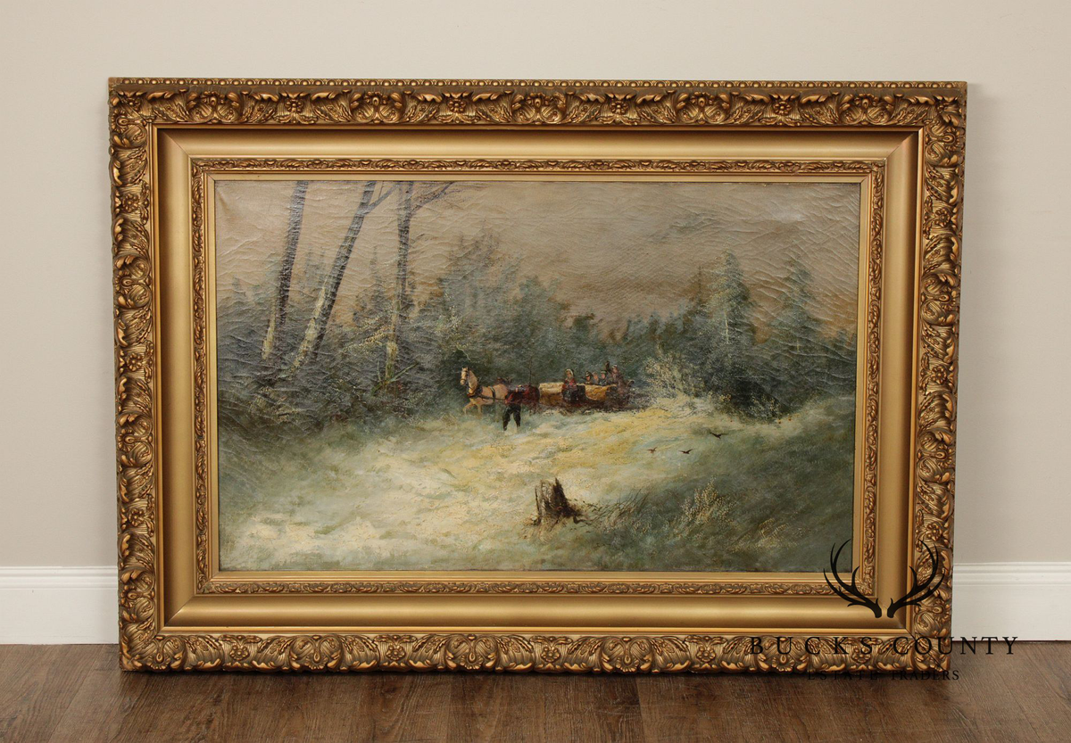 Continental School Large Winter Landscape Painting, Sleigh Ride