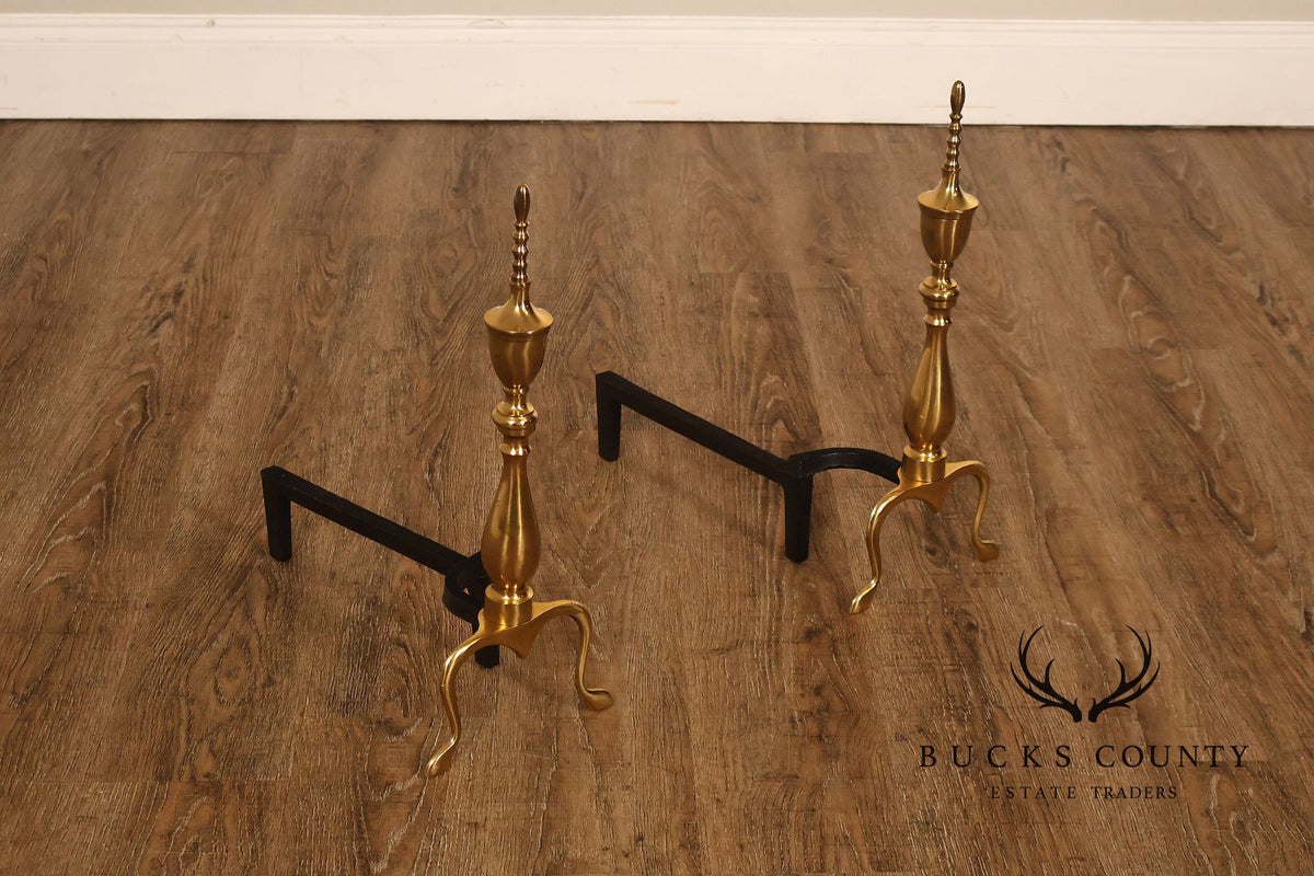 Federal Style Pair of Brass Fireplace Andirons