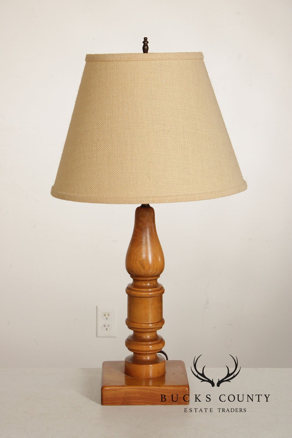 Colonial Revival Pair of Turned Cherry Wood Table Lamps