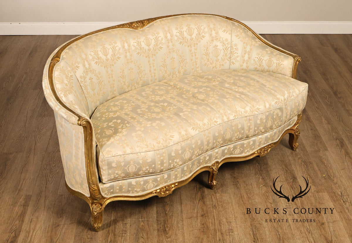 Antique French Louis XV Style Giltwood Upholstered Sofa