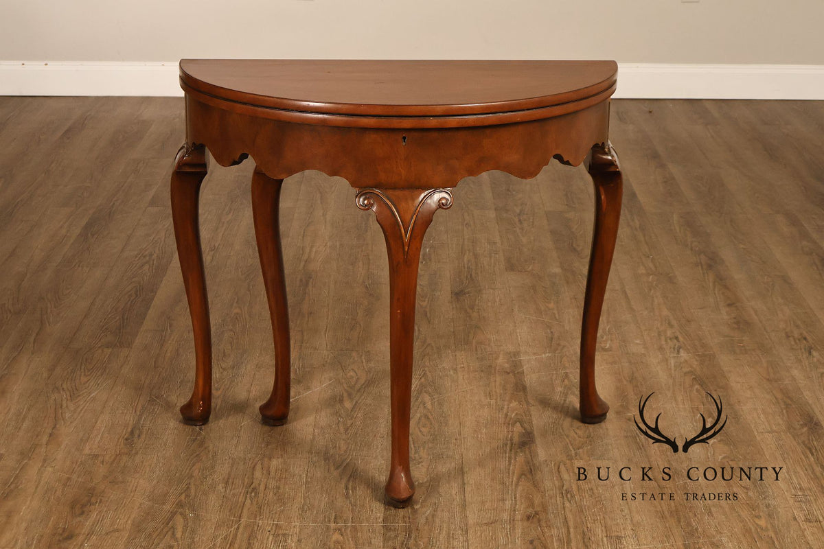 Baker Furniture Vintage Pair Of Walnut Demilune Flip Top Card Tables