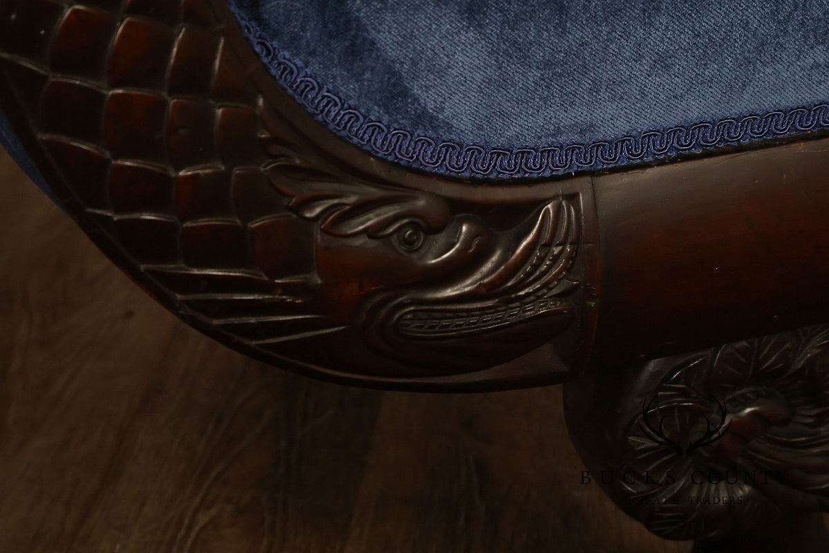 Antique American Empire Mahogany Carved Swan Arm Sofa With Blue  Upholstery
