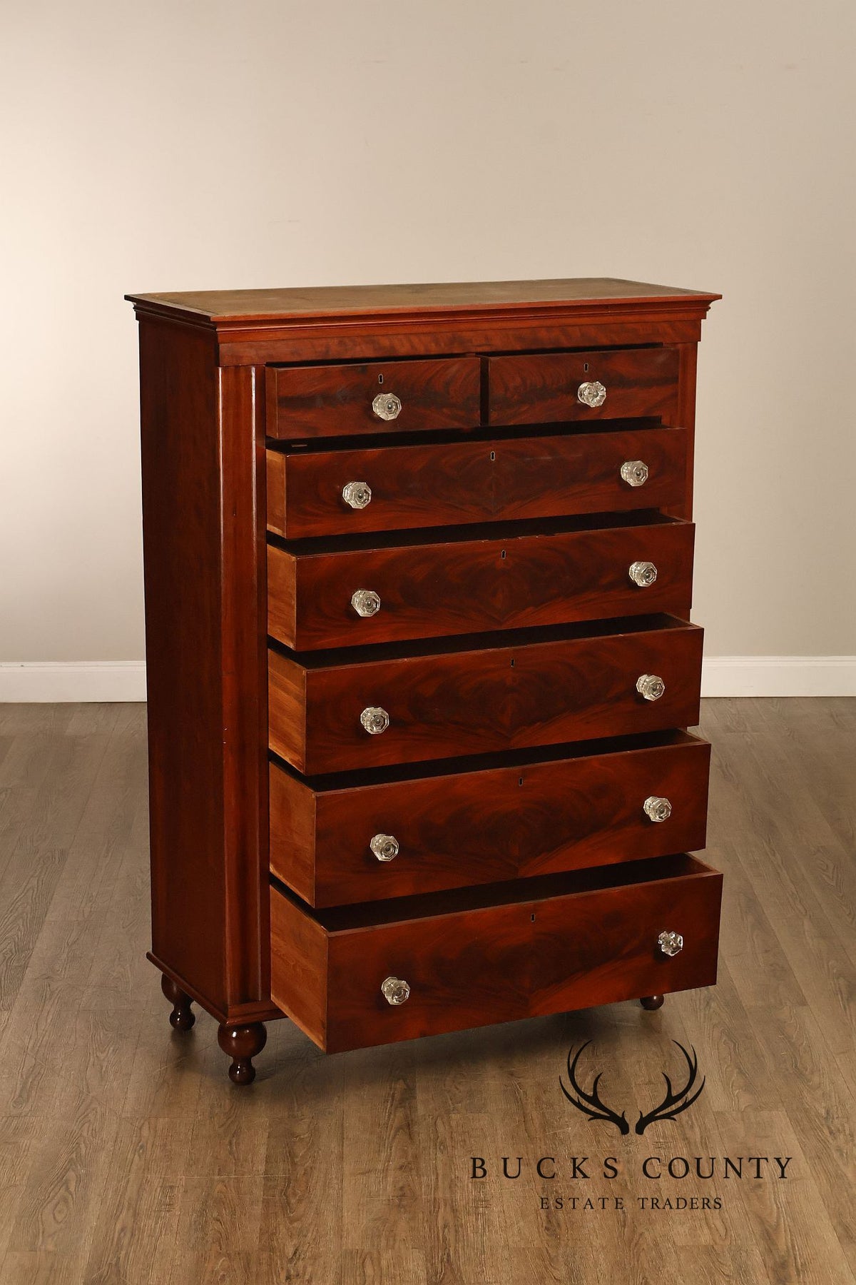 Antique American Classical Mahogany Tall Chest Of Drawers With Glass Knobs