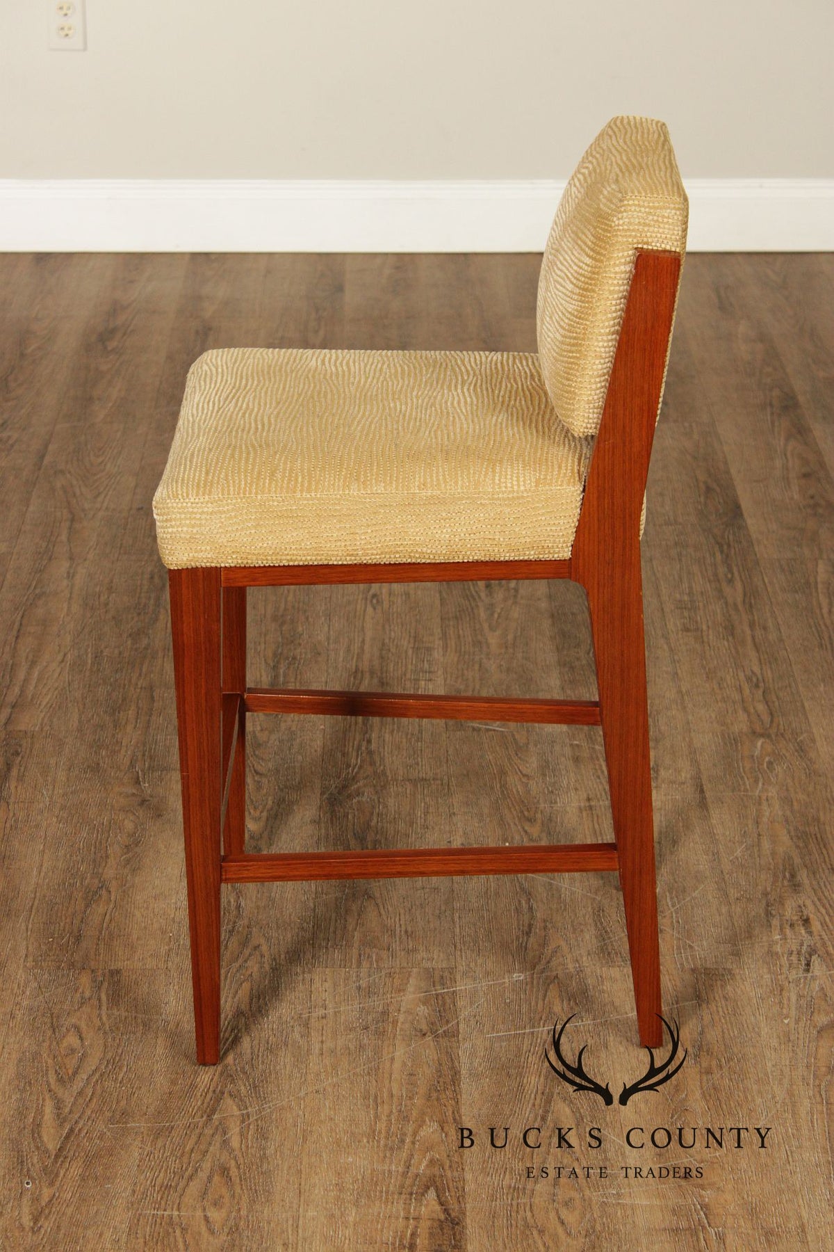 Mid Century Modern Style Set of Four Walnut Upholstered Counter Stools