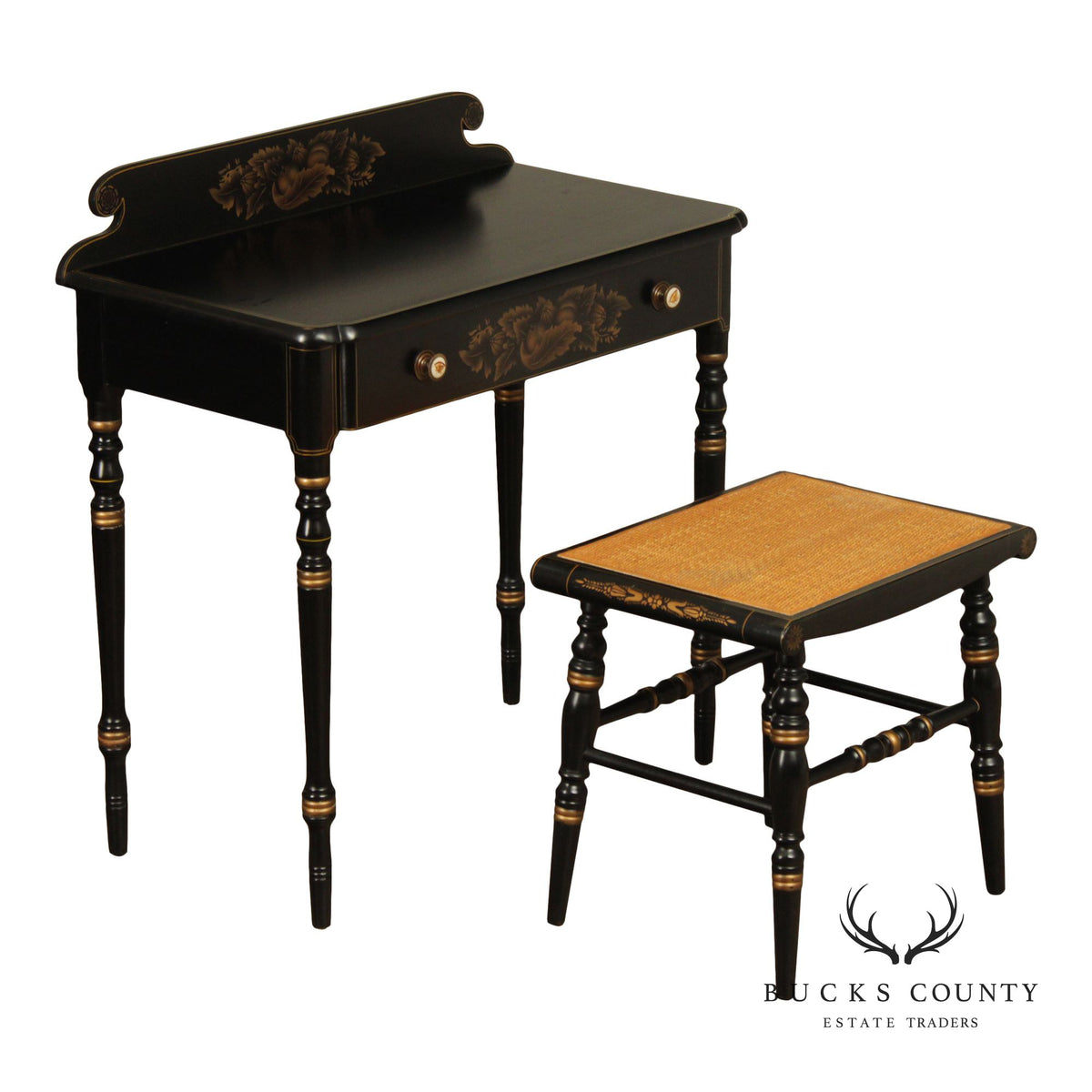 L. Hitchcock Black And Gold Stenciled Vanity Desk And Stool