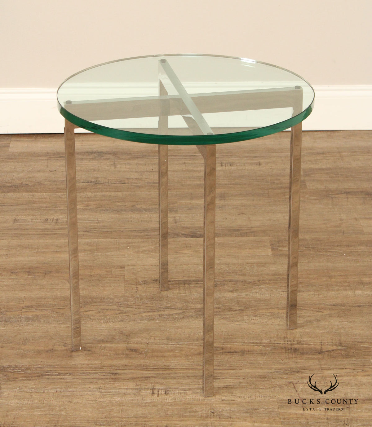 Postmodern Pair of Chrome Frame Round Glass Top Side Tables