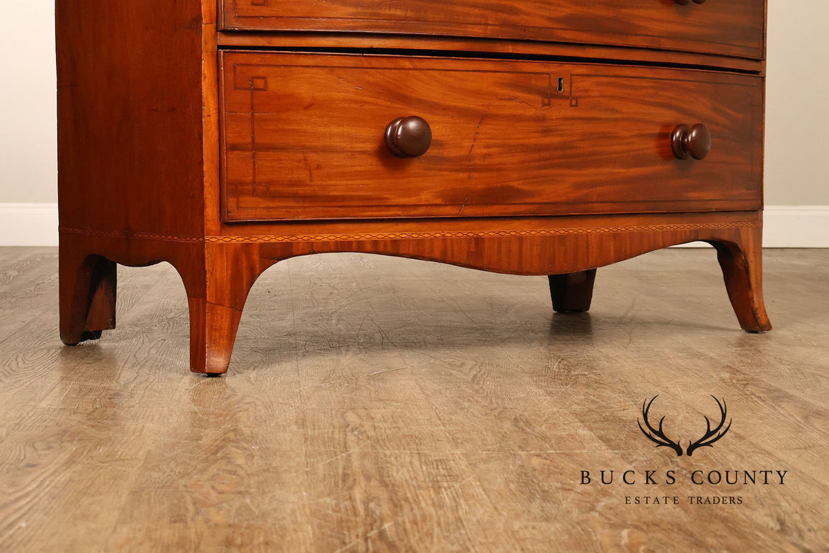 Antique English Sheraton Style Inlaid Bow Front Chest Of Drawers