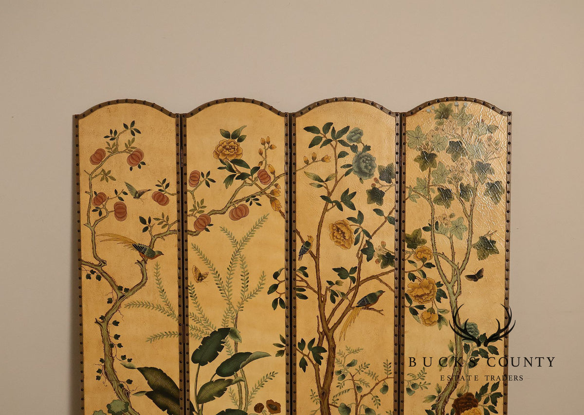 Decorative Crafts Chinoiserie Style Four Panel Hand-Painted Folding Screen