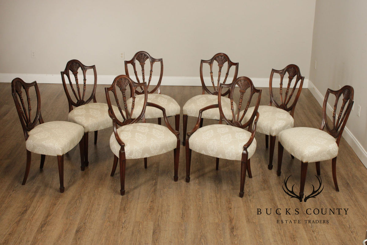 Hepplewhite Style Custom Quality Set Of Eight Carved Shield Back Dining Chairs