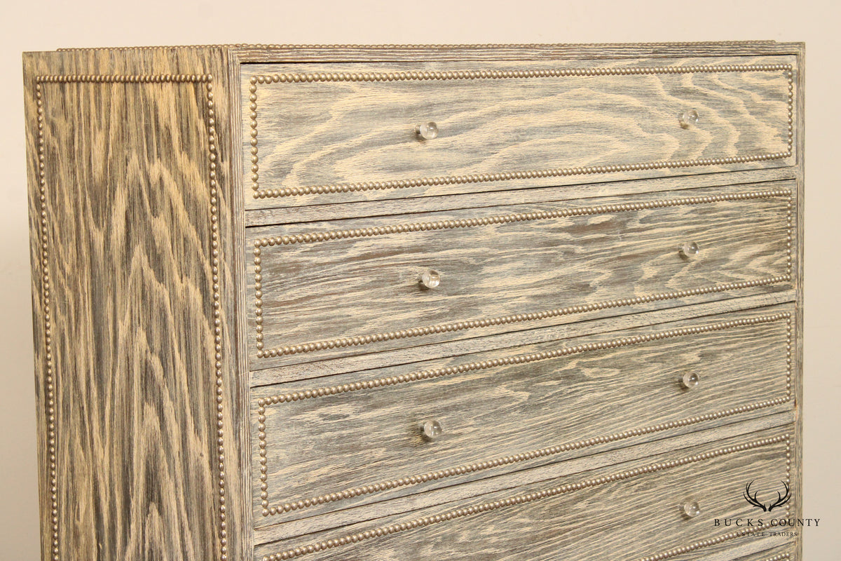 Mid Century Modern Cerused Oak High Chest with Nail Head Trim