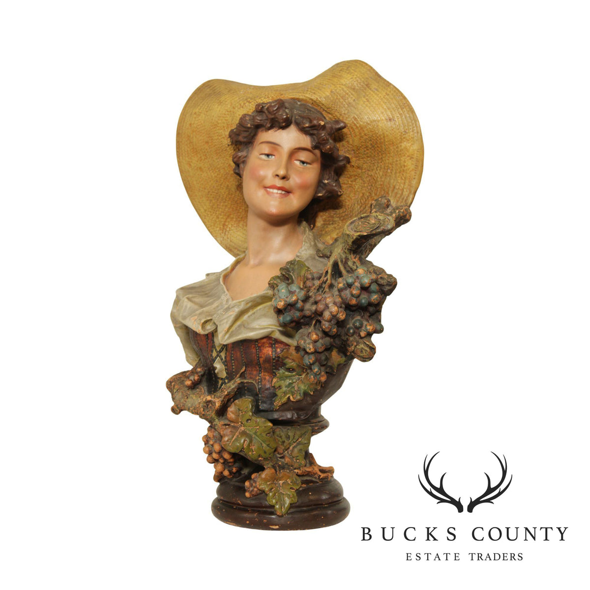 Vintage Bust of Maiden Carved Sculpture, 'Lady of the Grapes'