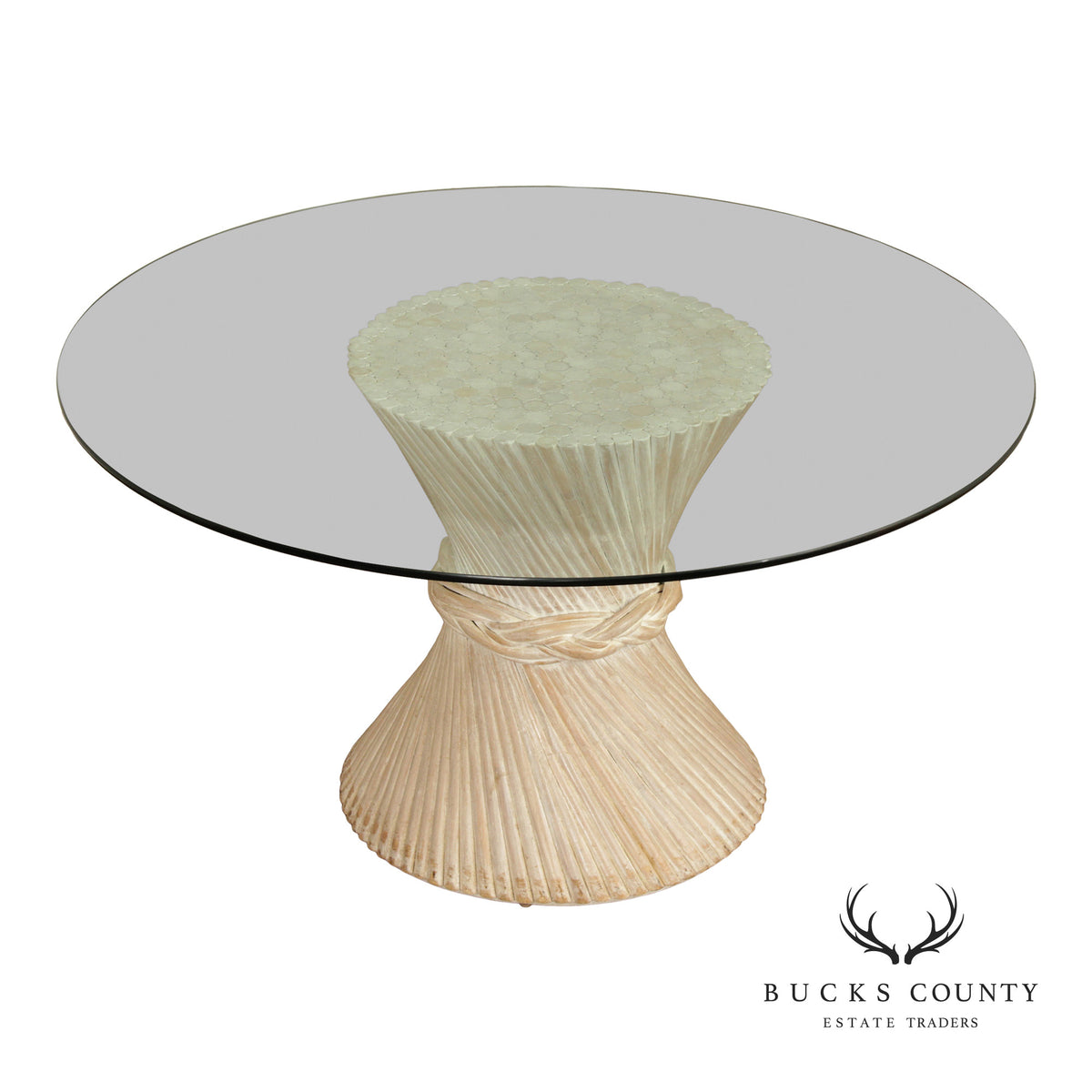 Hollywood Regency Rattan Wheat Sheaf Round Glass Top Pedestal Dining Table
