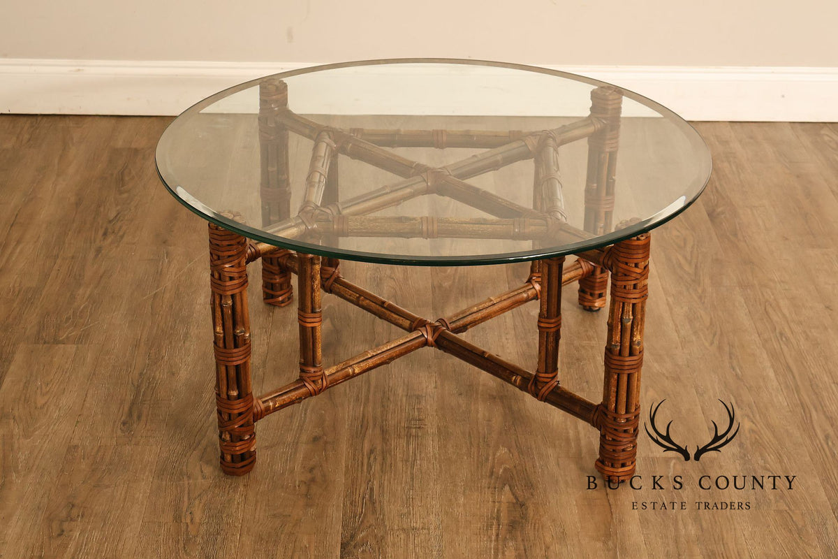 McGuire Bamboo And Rattan Round Glass Top Coffee Table