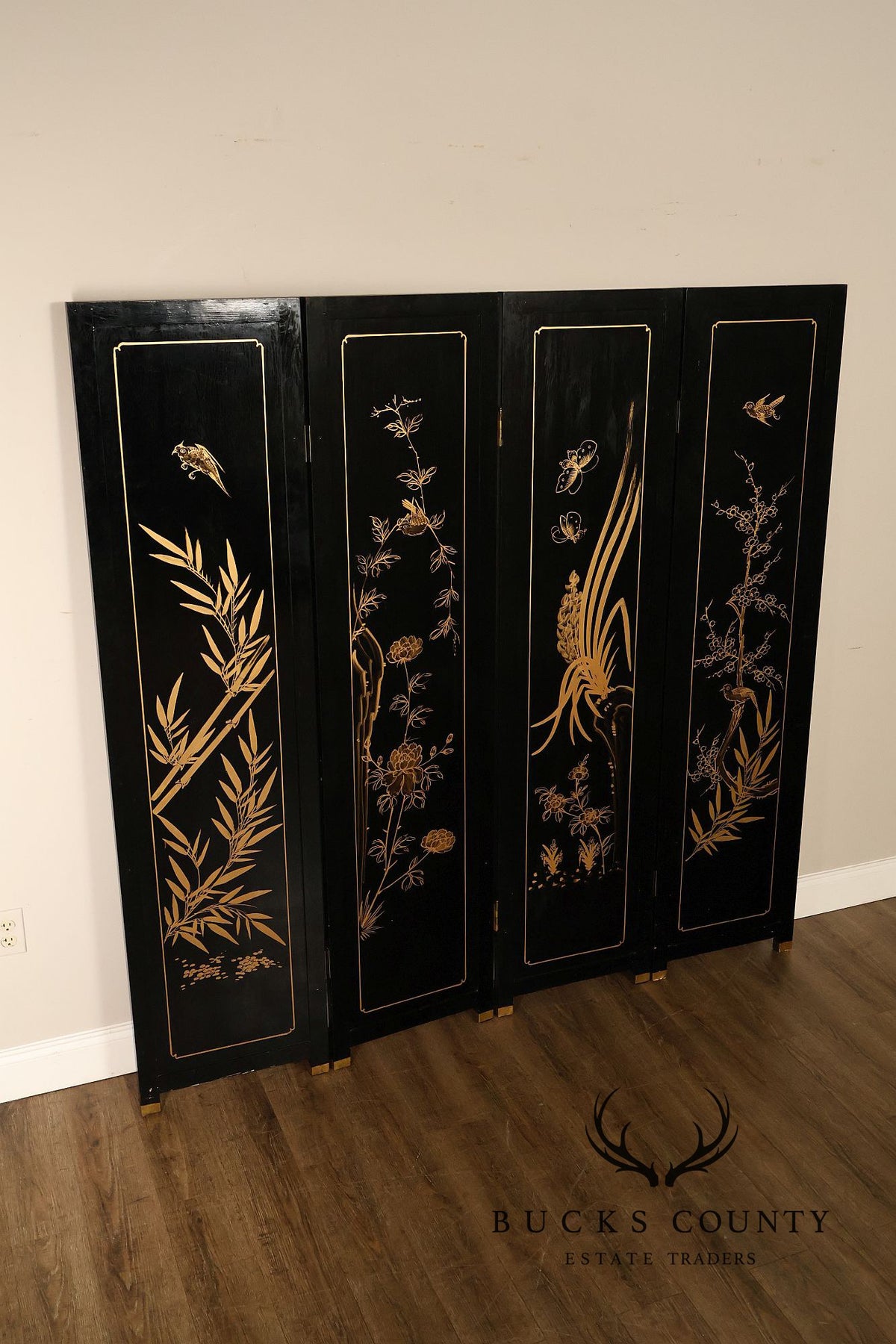 Asian Black Lacquer Vintage Pair Of Four Panel Folding Screens With Mother Of Pearl Inlay