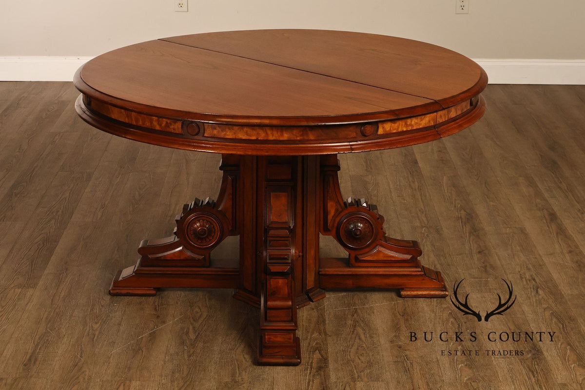 Antique Victorian Renaissance Revival Round Walnut Split Pedestal Extension Dining Table