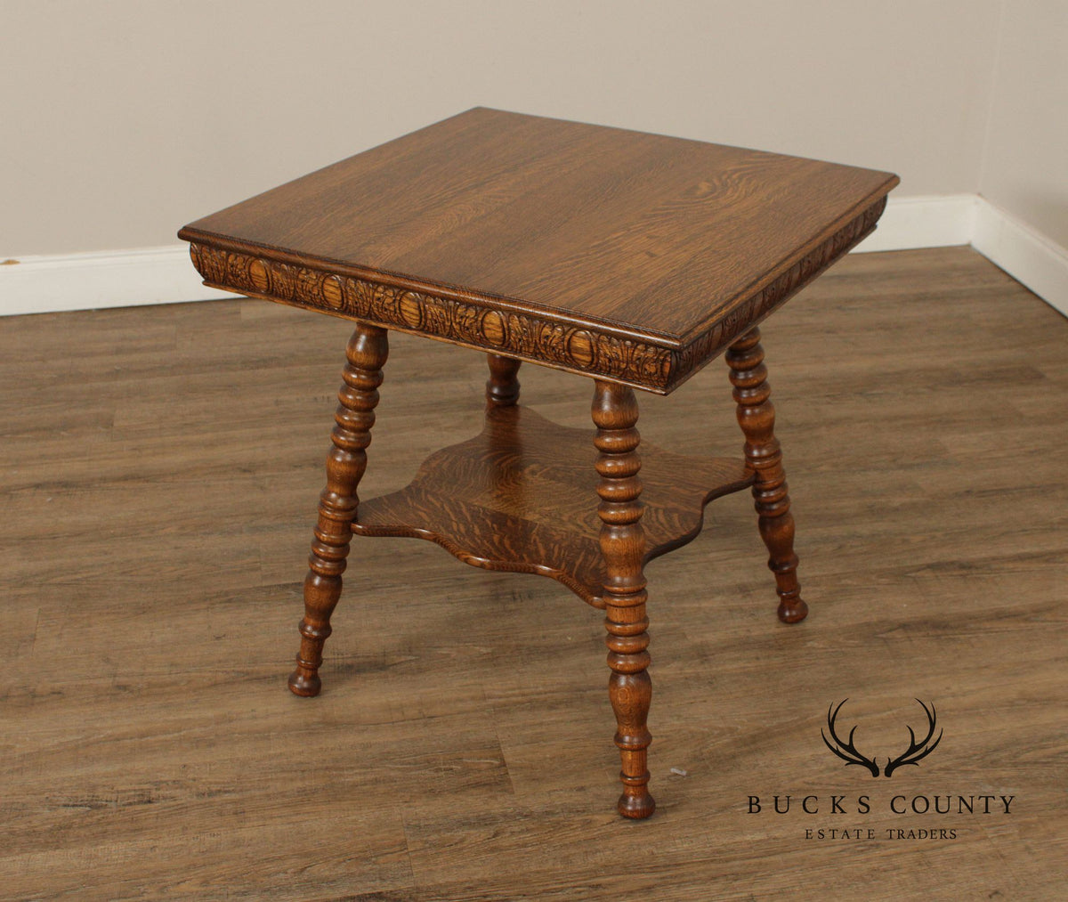 Antique Victorian Oak Square Two Tier Parlor Side Table